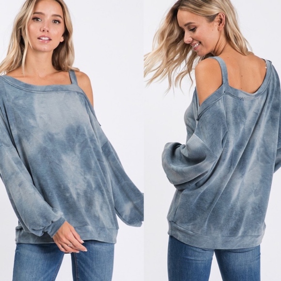 RUTH Tie Dye Cold Shoulder Top - BLUE - Picture 3 of 3